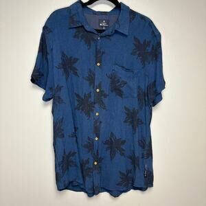 Ben Sherman Linen Blend Tropical Print Navy Short Sleeve Shirt Sz XL